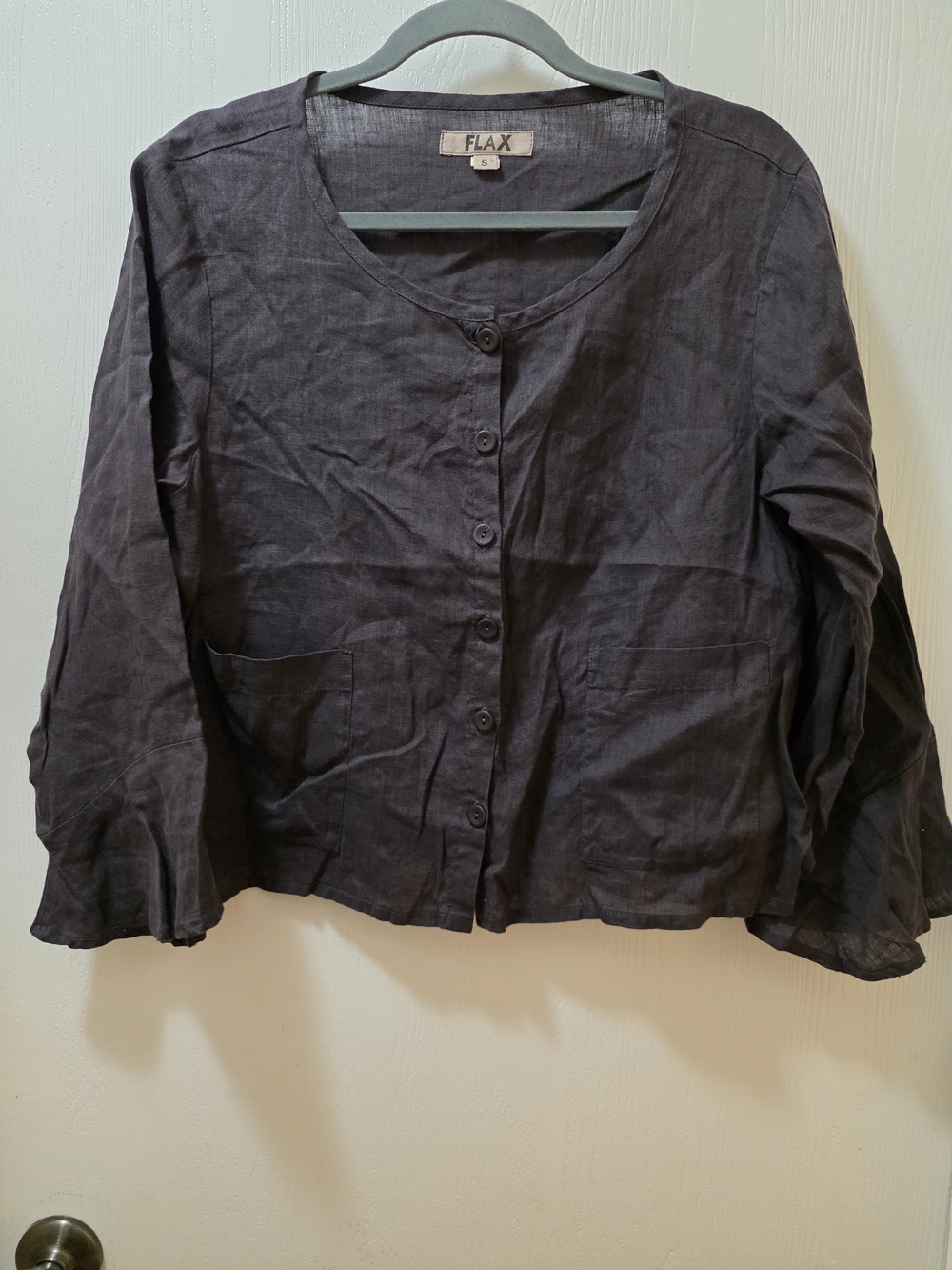 FLAX by Jeanne Engelhart Grey Linen Button-Front Women's Top